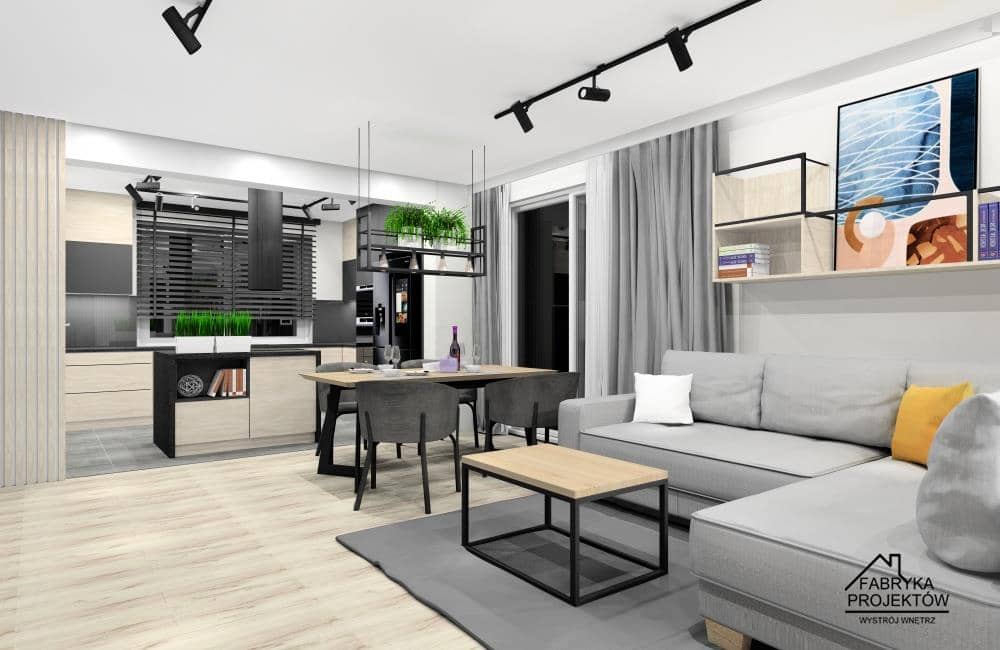Projekt wnętrza salonu z kuchnia i jadalnią 40 m2 